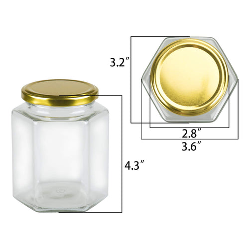 16 oz Hexagon Glass Honey Jars with Lids, 12 Pack C94802