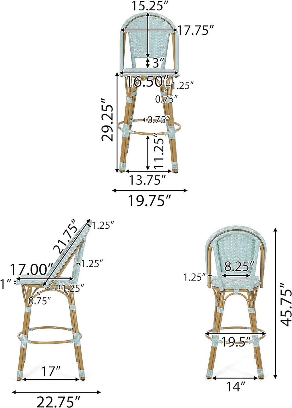 29.5" PE Rattan Aluminum Bar Stools, Set of 2, Light Teal E283