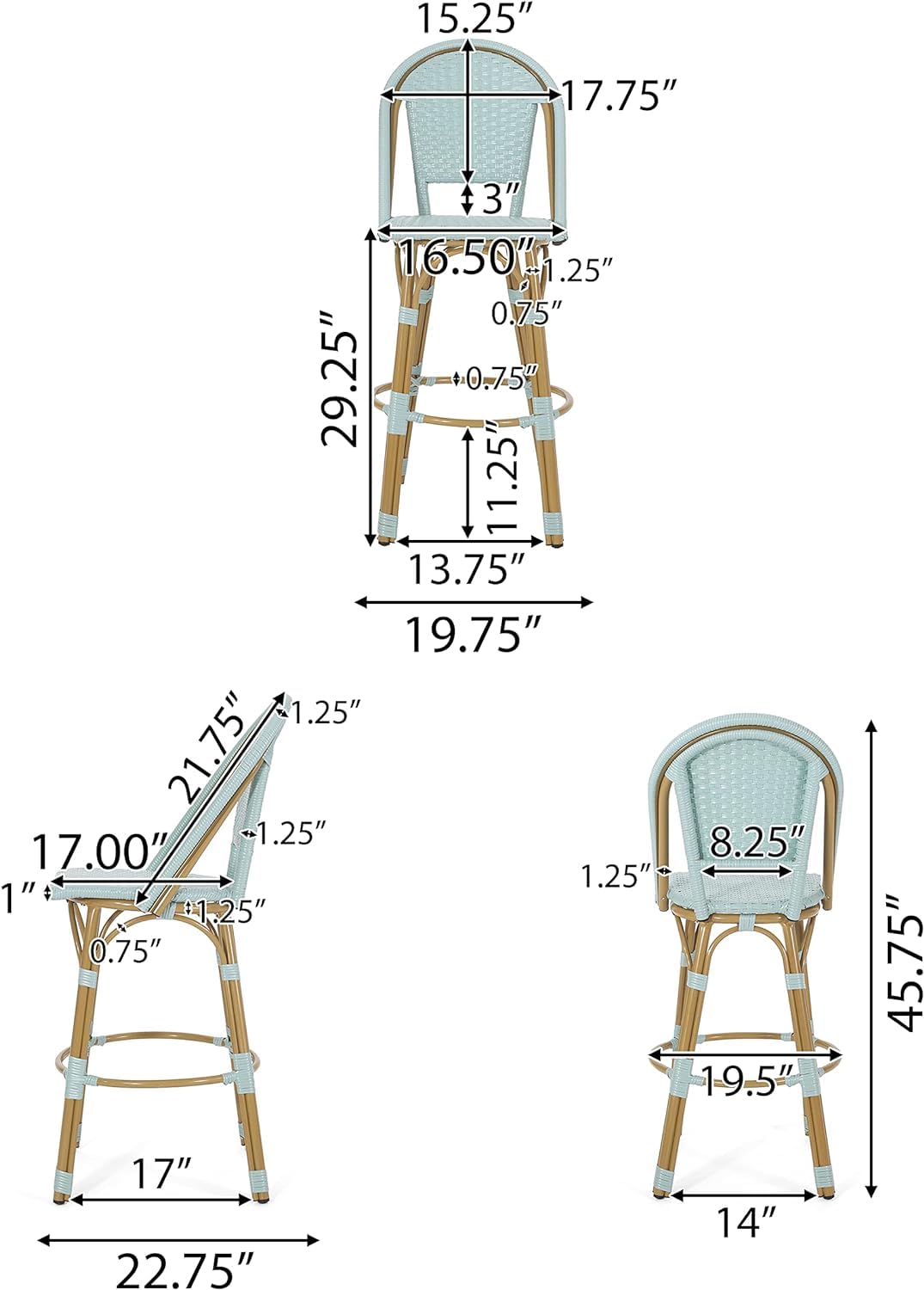 29.5" PE Rattan Aluminum Bar Stools, Set of 2, Light Teal E283