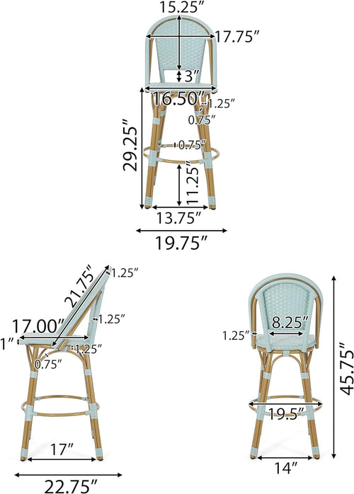 29.5" PE Rattan Aluminum Bar Stools, Set of 2, Light Teal E283