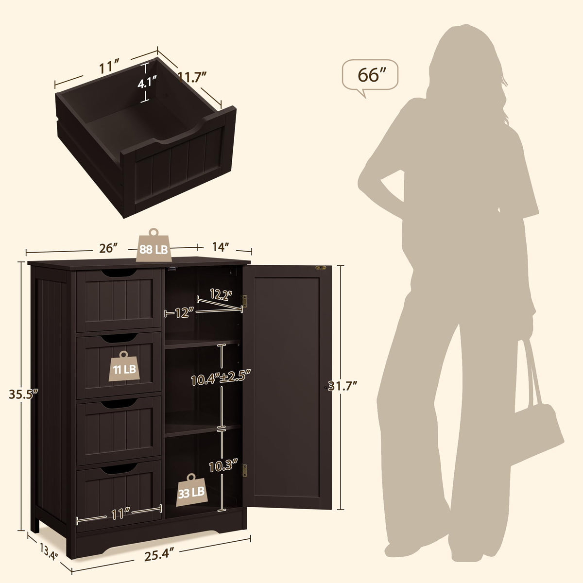 Espresso 4 Drawer Bathroom Storage Cabinet V88936