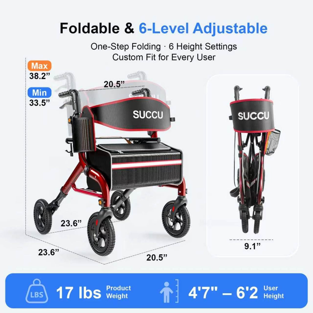 Red 8" All-Terrain Rollator Walker J244