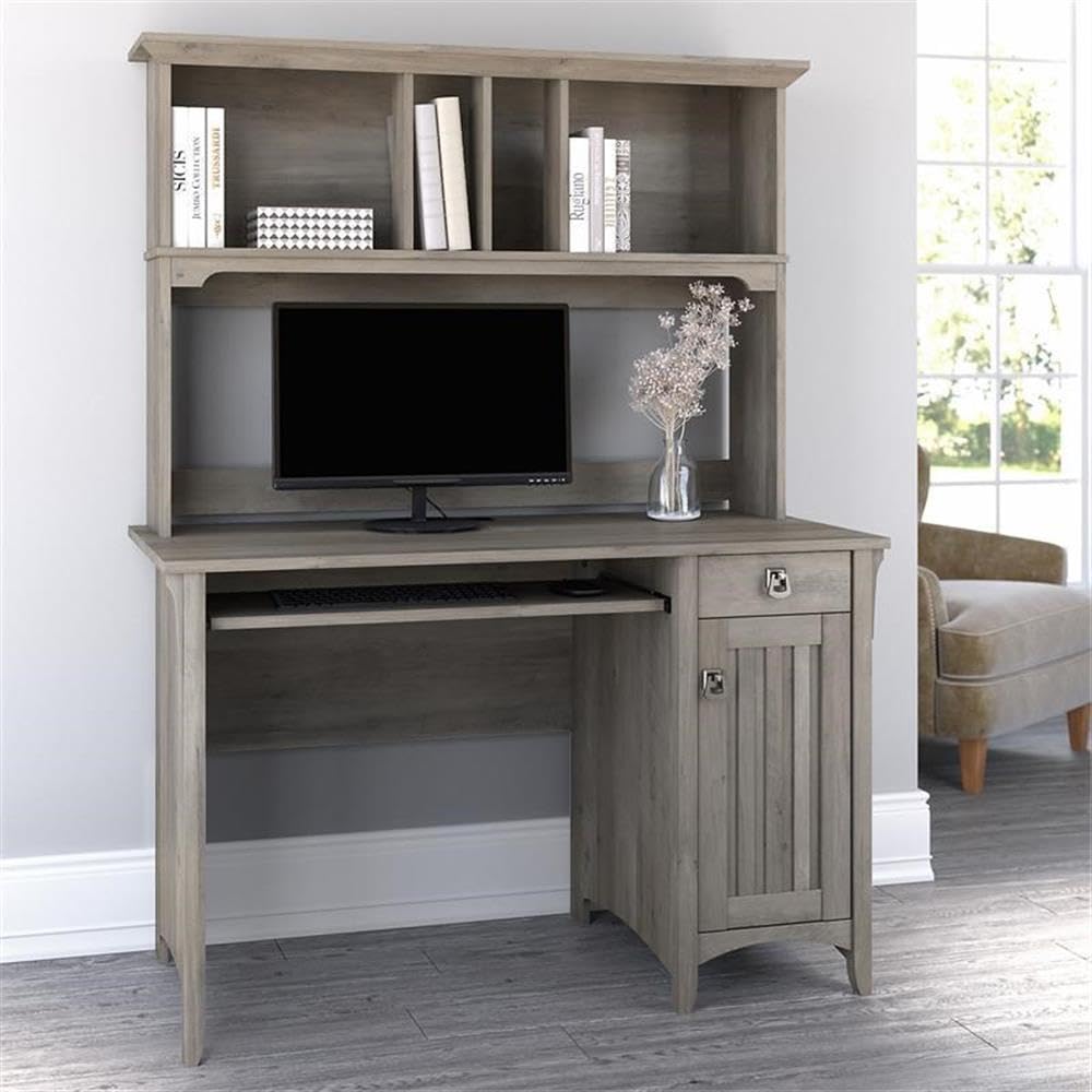 Small Computer Desk with Hutch, Driftwood Gray F42133