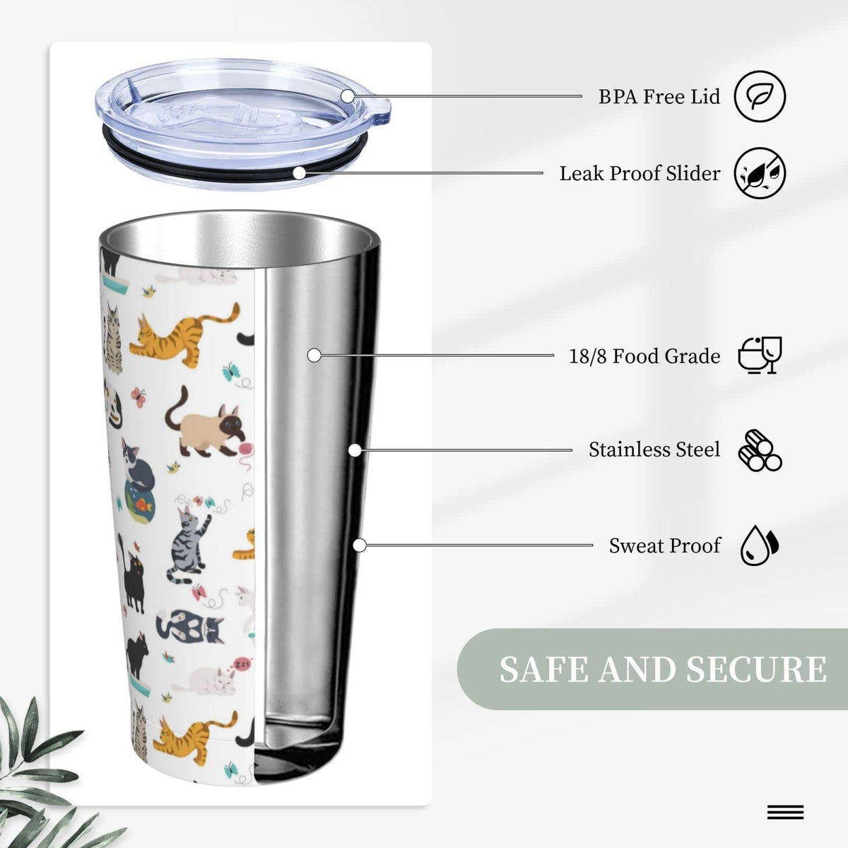 20 Oz Stainless Steel Insulated Cat Tumbler with Lid and Straw J106998