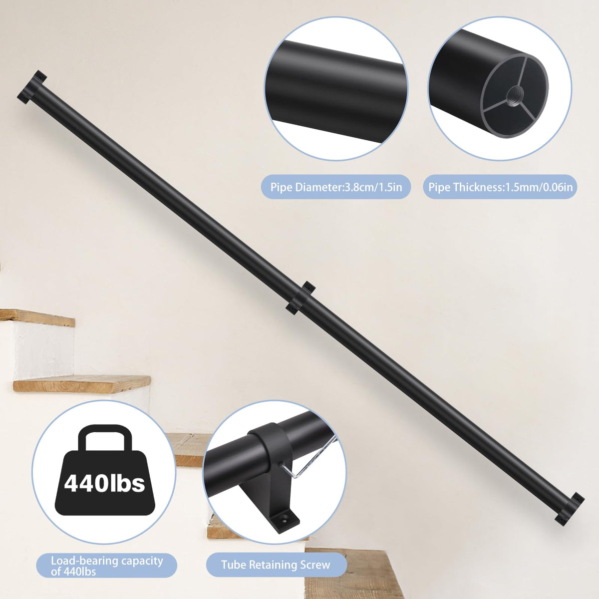 Black Aluminum 1.5" Pipe Stair Handrail 5ft F647