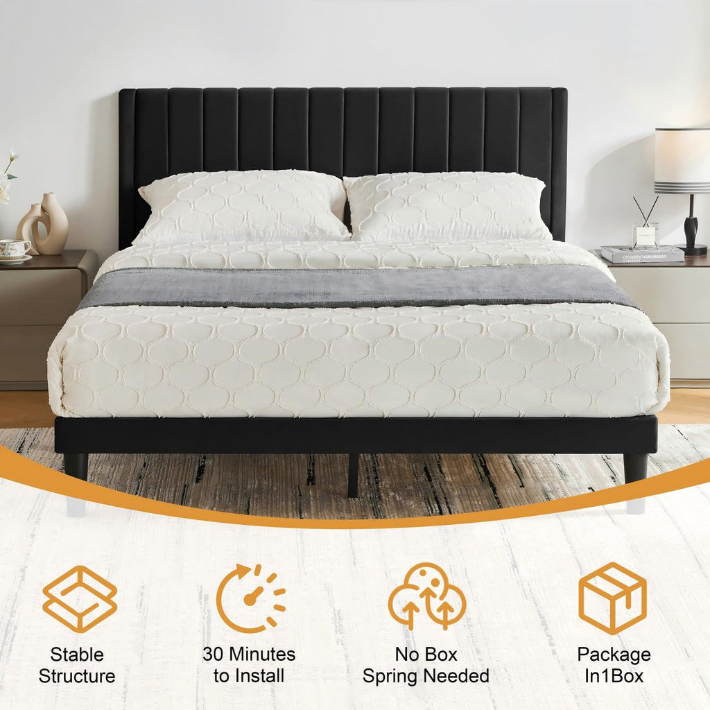 Queen Size Velvet Upholstered Platform Bed Frame T723134