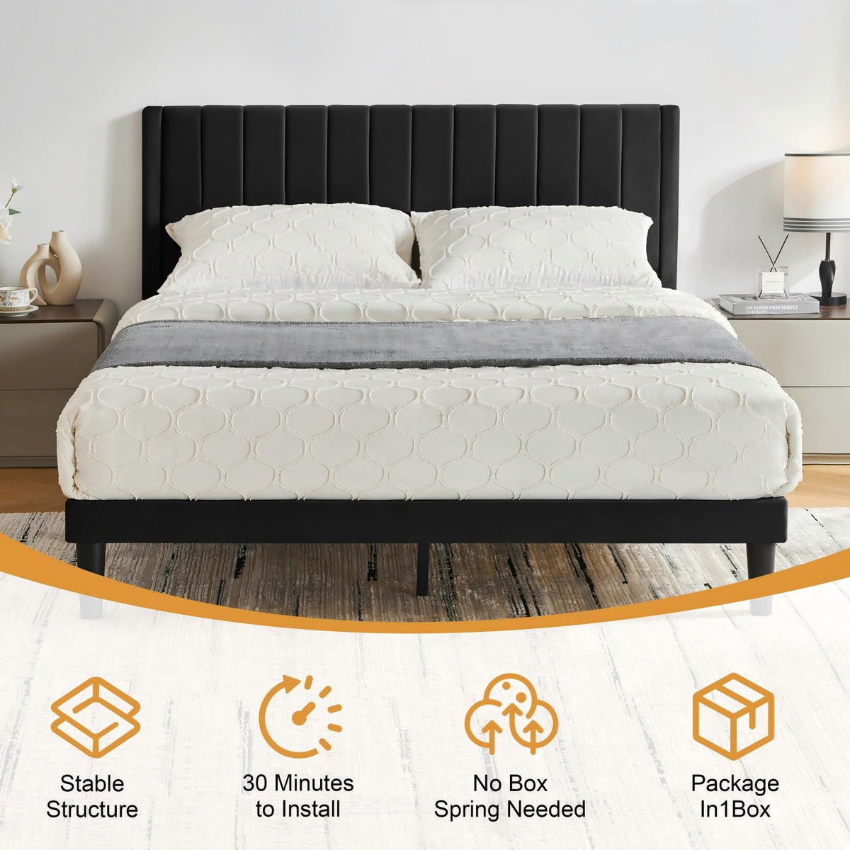 Queen Size Velvet Upholstered Platform Bed Frame T723134