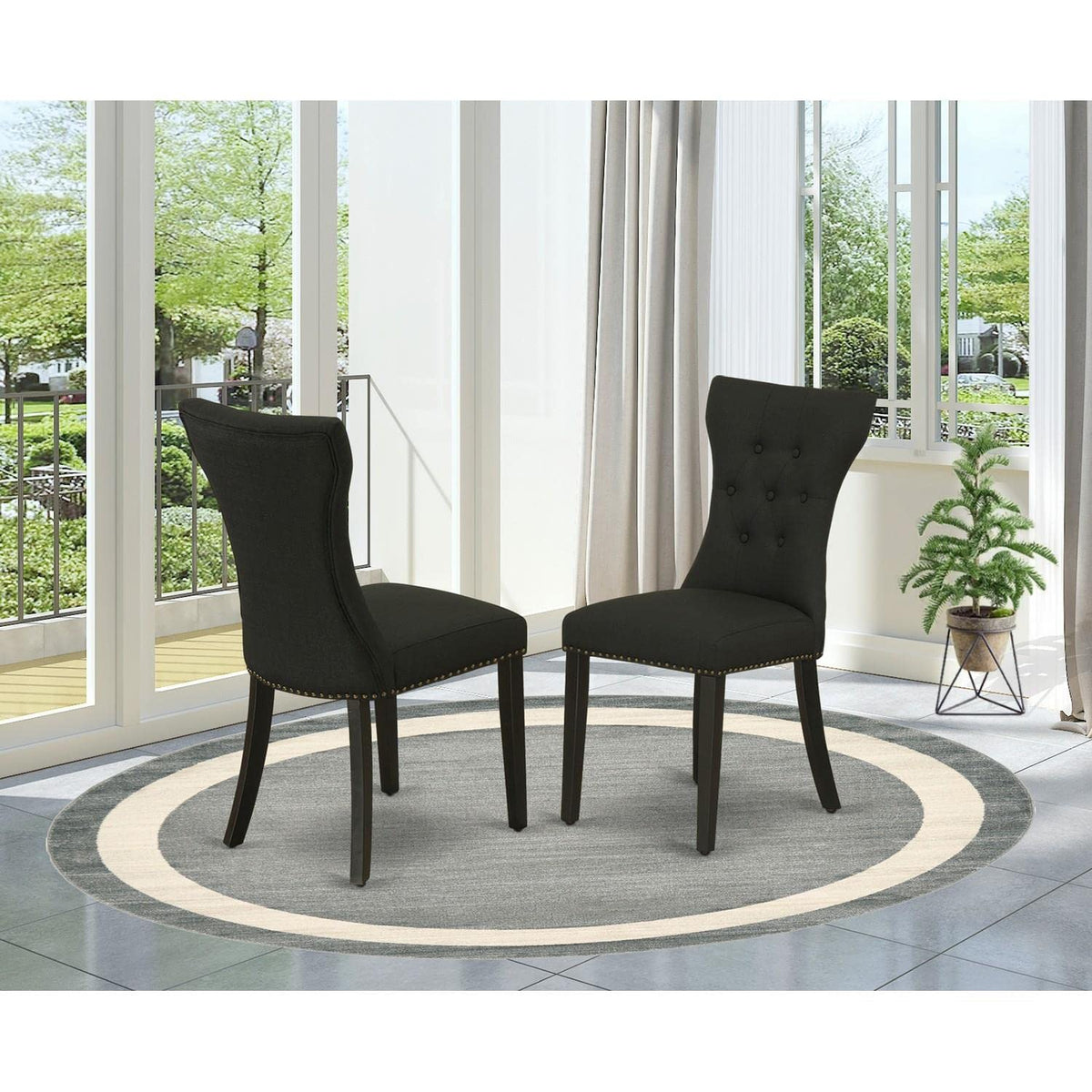 Black Linen Fabric Upholstered Dining Chairs Set of 2 E45672