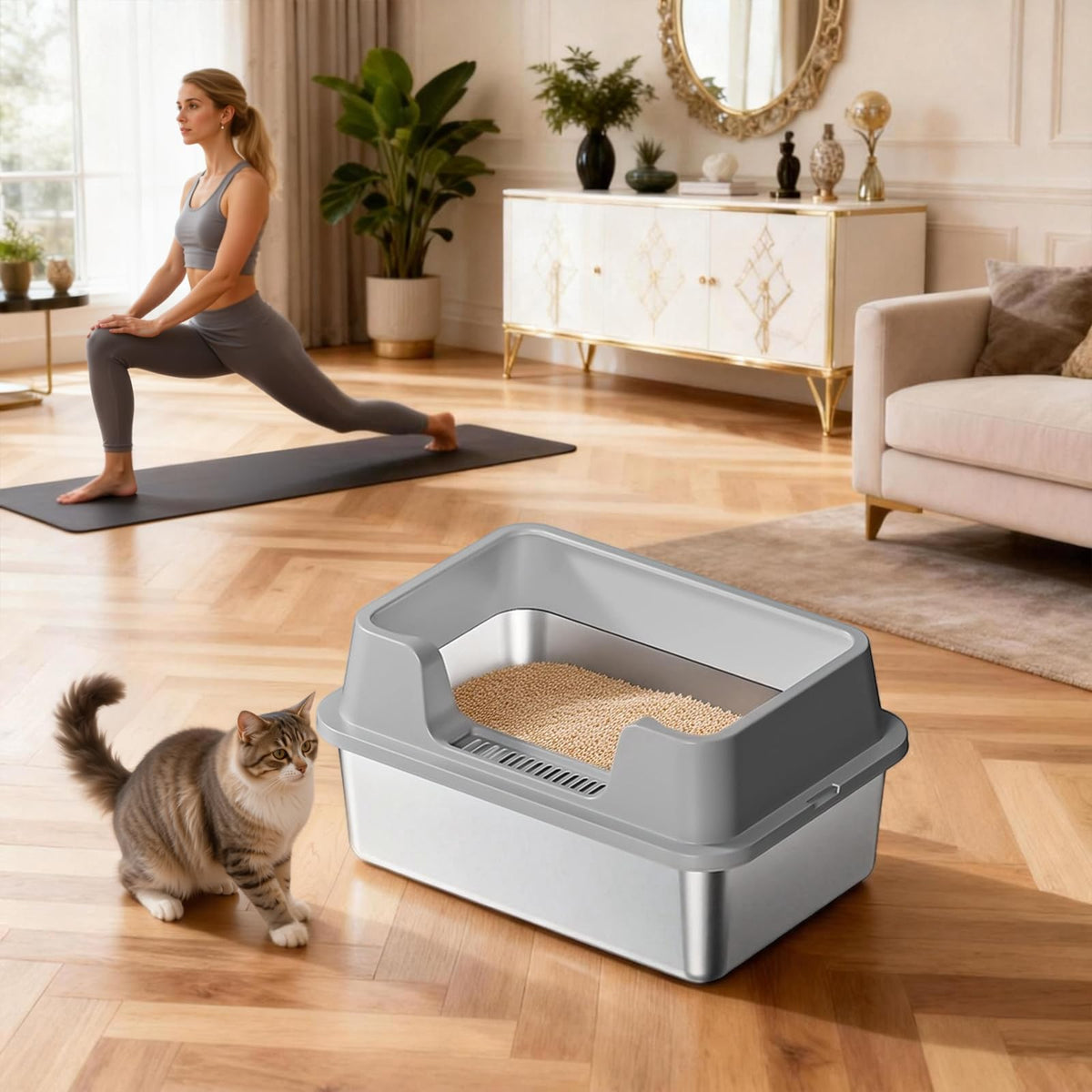 XL Stainless Steel Enclosed Cat Litter Box with Scoop J414