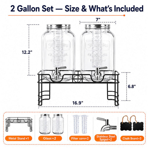2 Gallon Glass Drink Dispensers with Stand, 2 Pack X1883