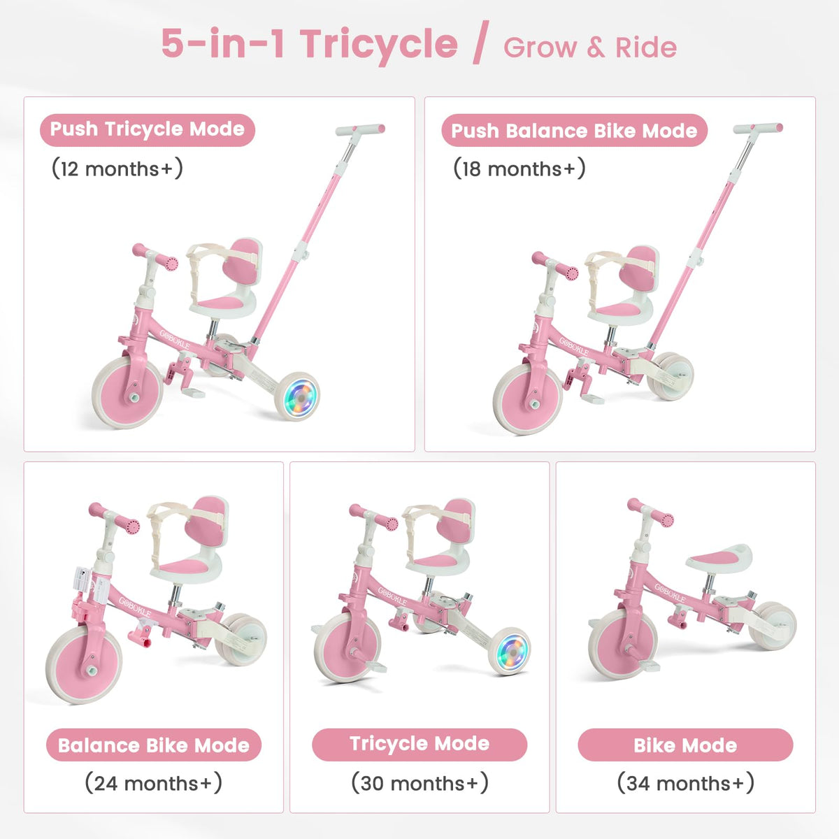 5-in-1 Convertible Toddler Tricycle with Push Handle Z6789