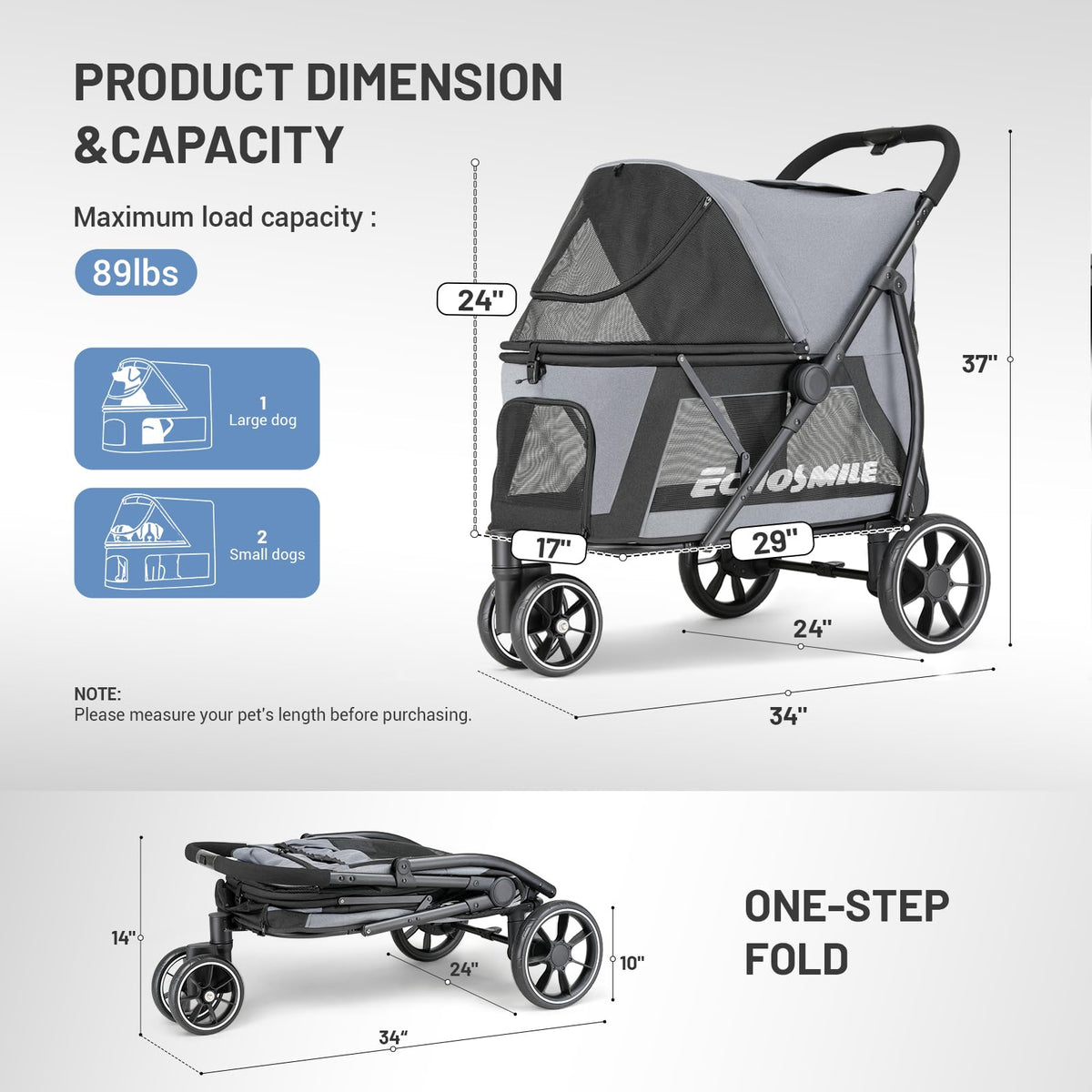 Foldable 3 Wheels Gray Dog Stroller P167