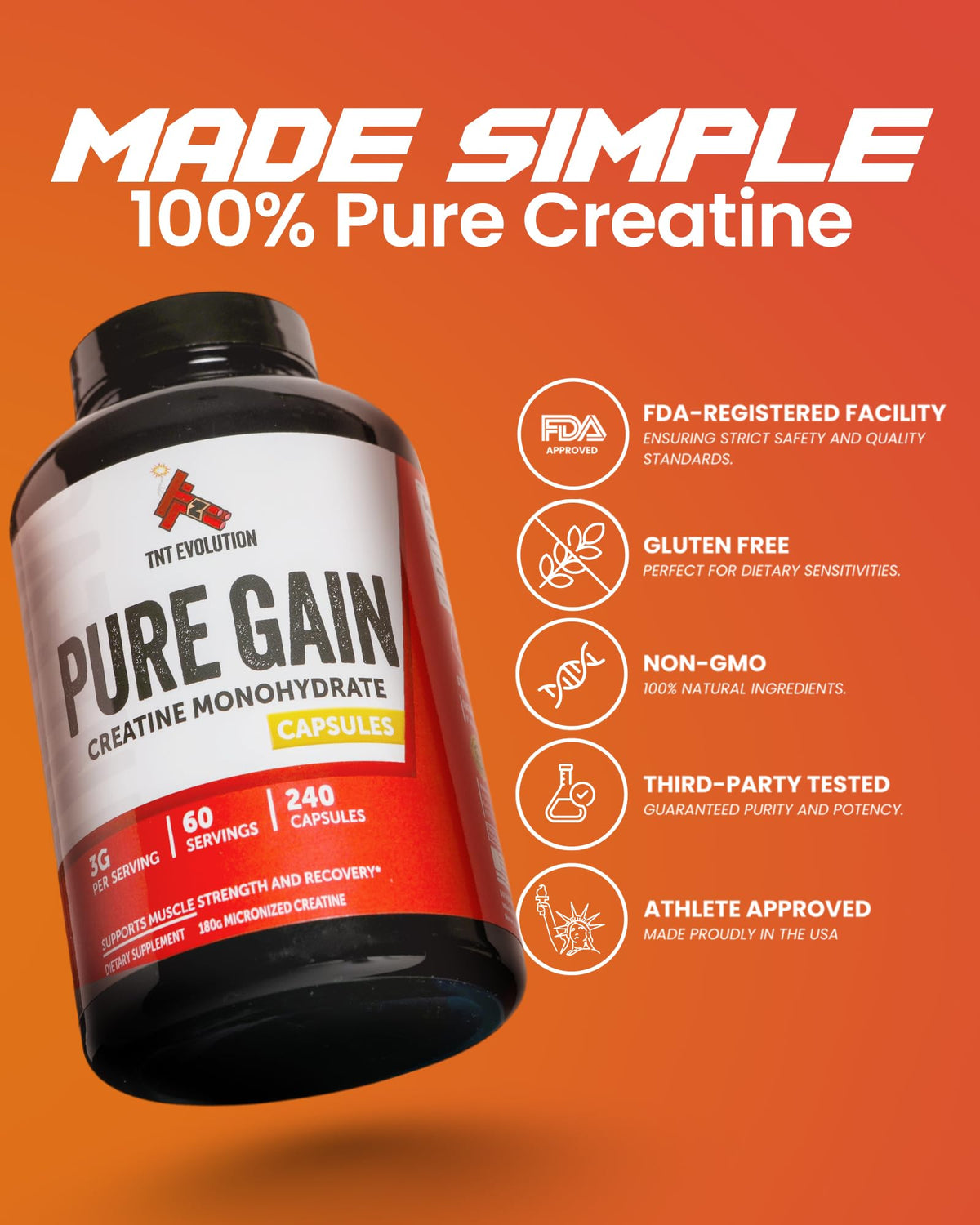 Creatine Monohydrate Capsules 750mg 240 Count Gluten Free Y236