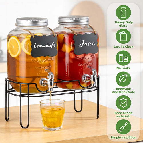 1 Gallon Glass Drink Dispenser 2 Pack with Fruit Infuser and Stand N6511