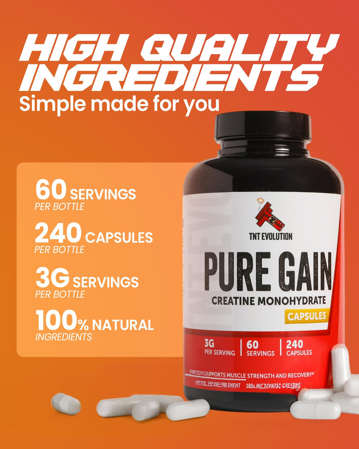 Creatine Monohydrate Capsules 750mg 240 Count Gluten Free Y236