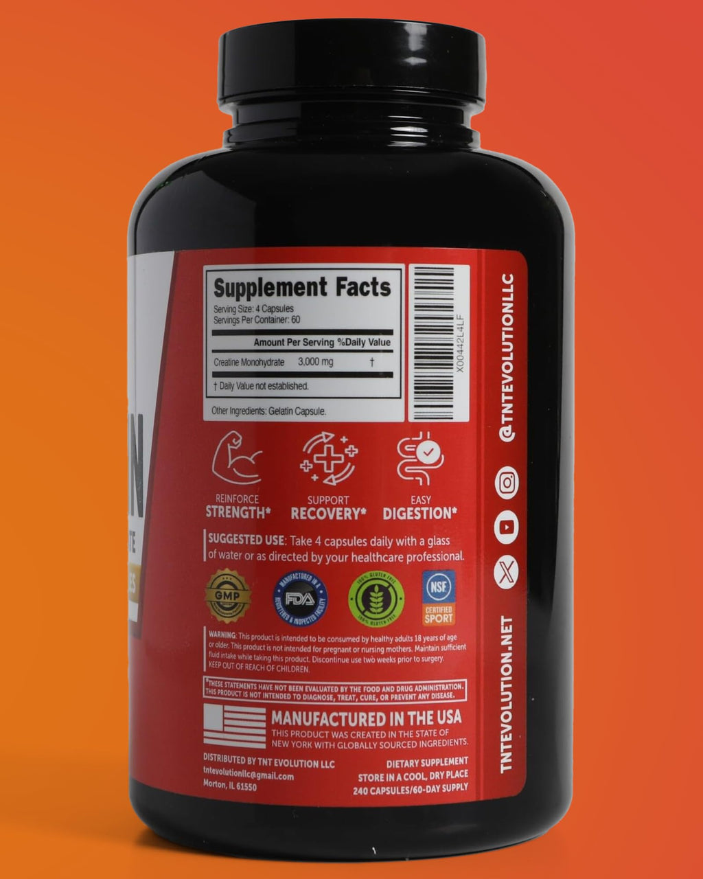 Creatine Monohydrate Capsules 750mg 240 Count Gluten Free Y236