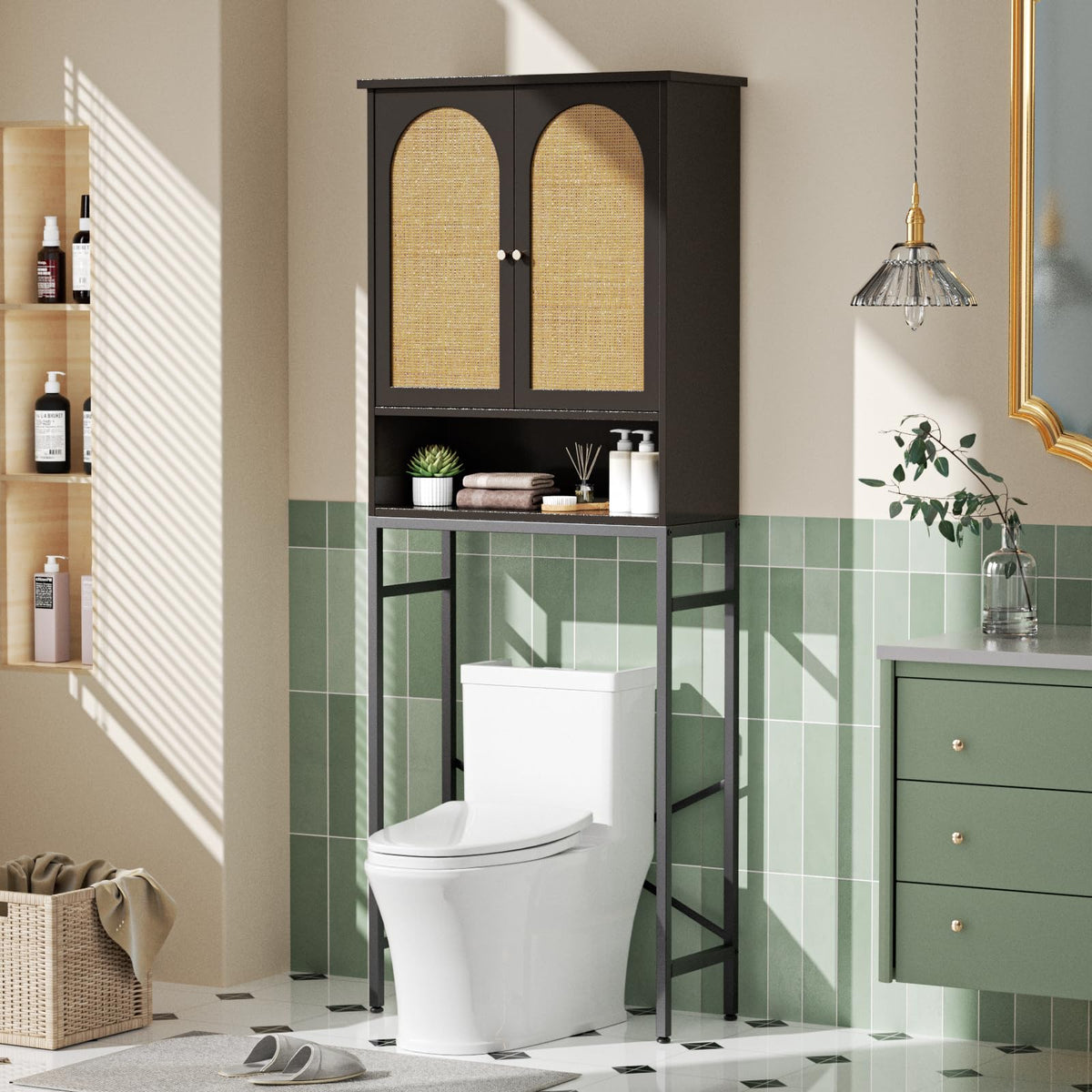 Rattan Wood Toilet Storage Cabinet with Metal Stand F952