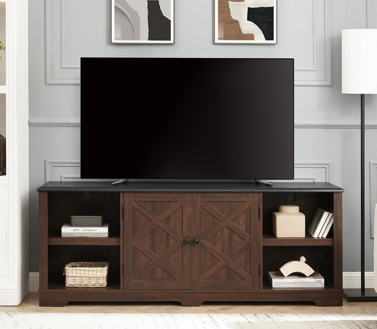 Espresso and Black TV Media Stand with Open Shelves and Closed Cabinets J891562