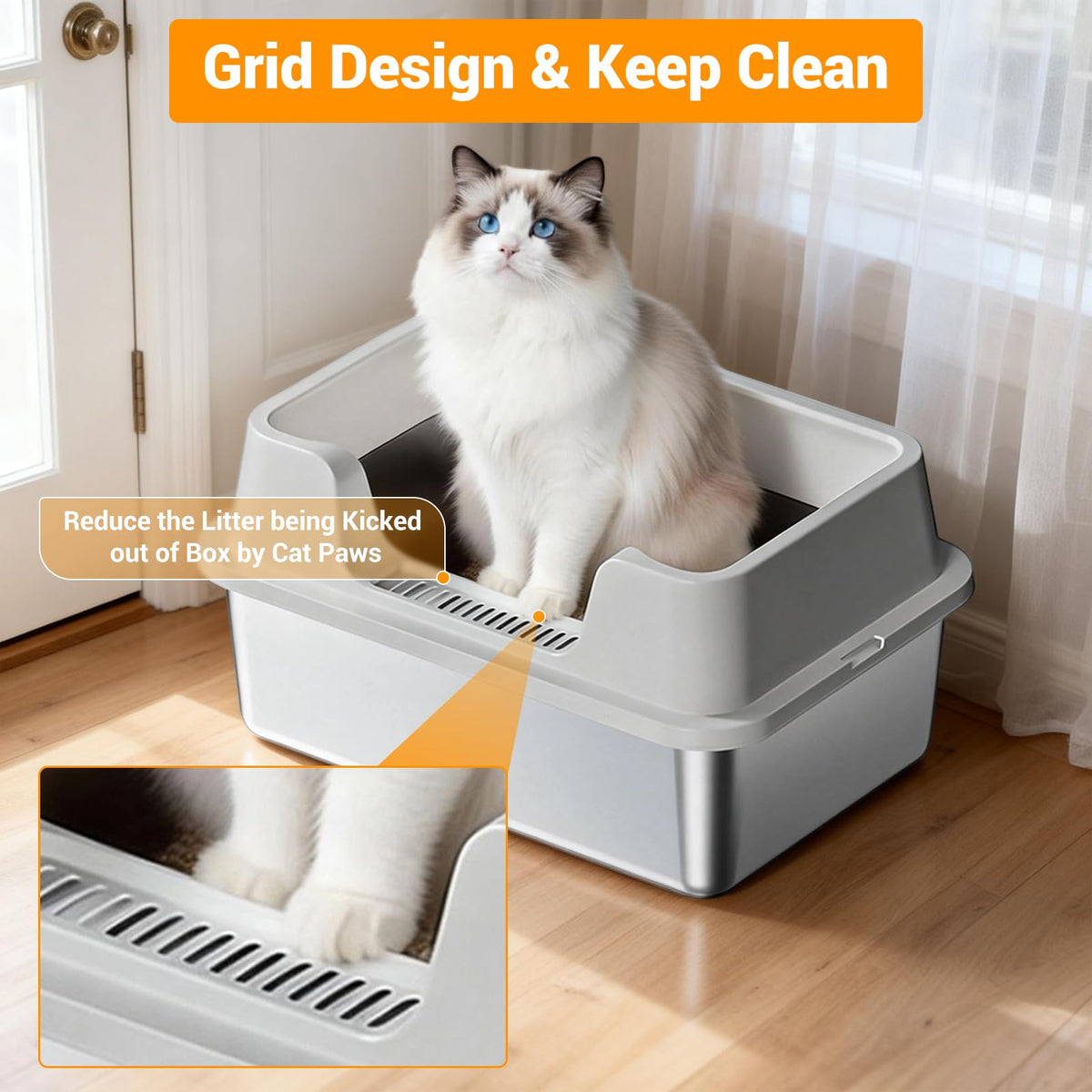 XL Stainless Steel Enclosed Cat Litter Box with Scoop J414