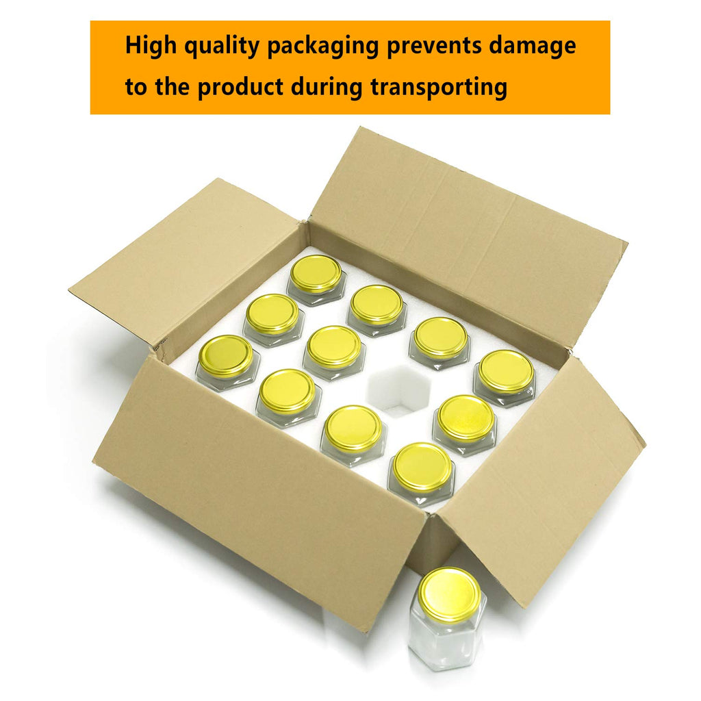 16 oz Hexagon Glass Honey Jars with Lids, 12 Pack C94802