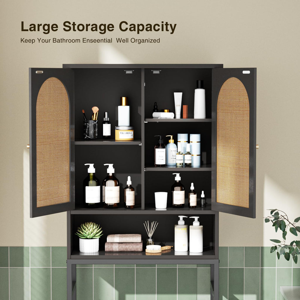 Rattan Wood Toilet Storage Cabinet with Metal Stand F952