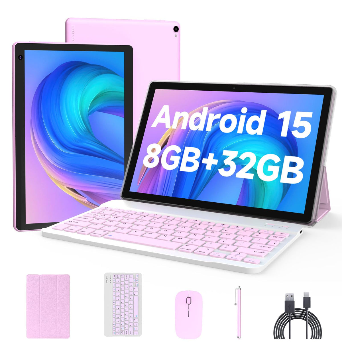 Android 15 Tablet 10 inch, 2 in 1 Tablet with Keyboard Case Mouse Stylus, 8GB RAM 32GB ROM, Quad Core, 1280x800 HD Screen, 6000mAh S770