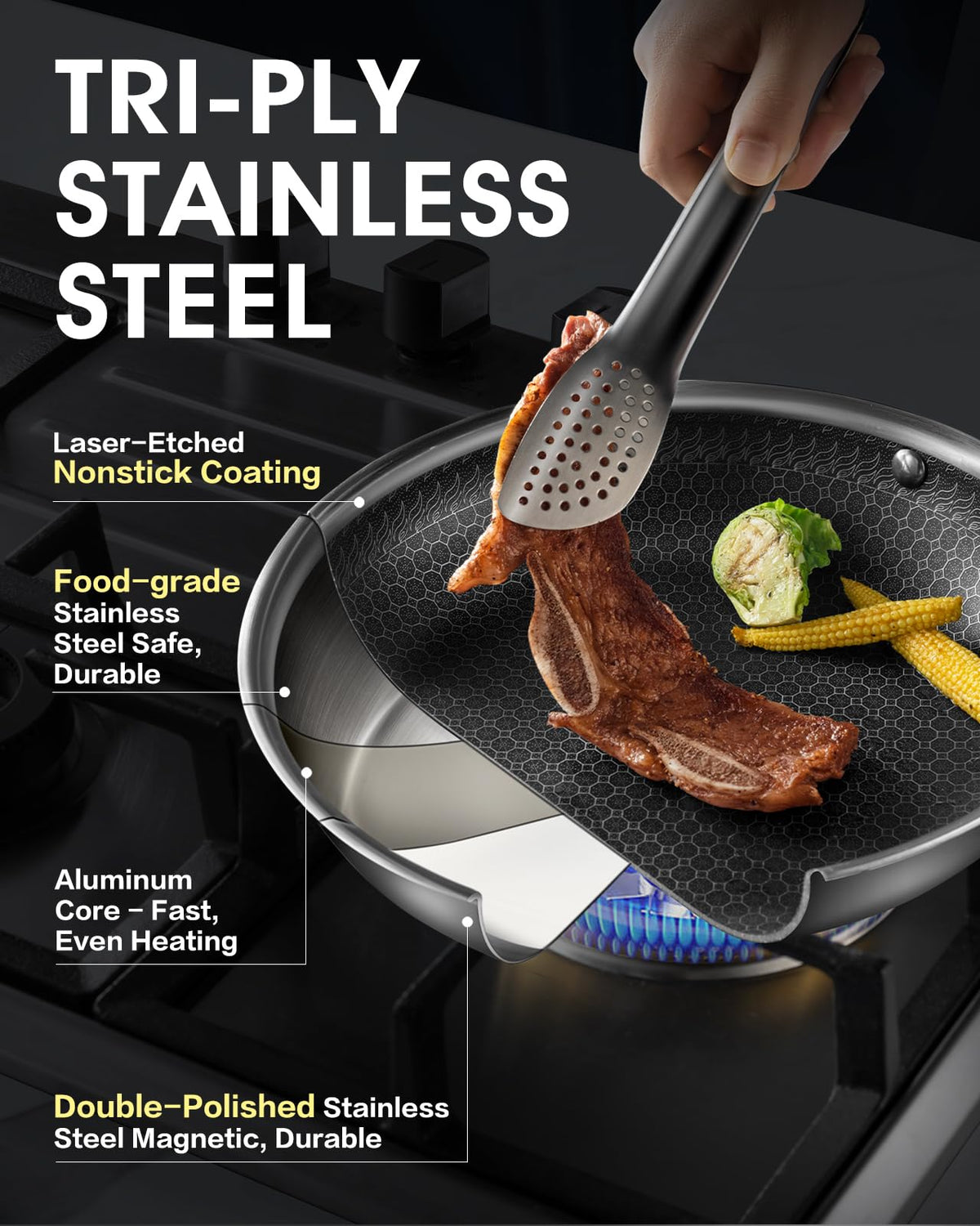 Nonstick Stainless Steel Frying Pans with Lid F115409