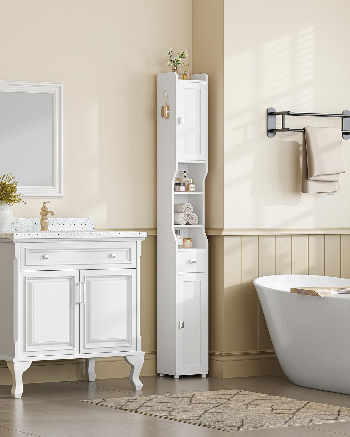 White Tall Narrow Bathroom Storage Cabinet W53116