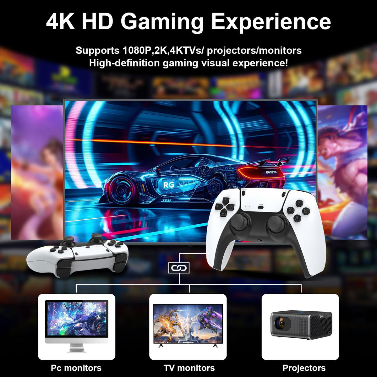 4K HDMI Retro Gaming Console with 64GB TF Card and 2.4G Wireless Controllers W15892