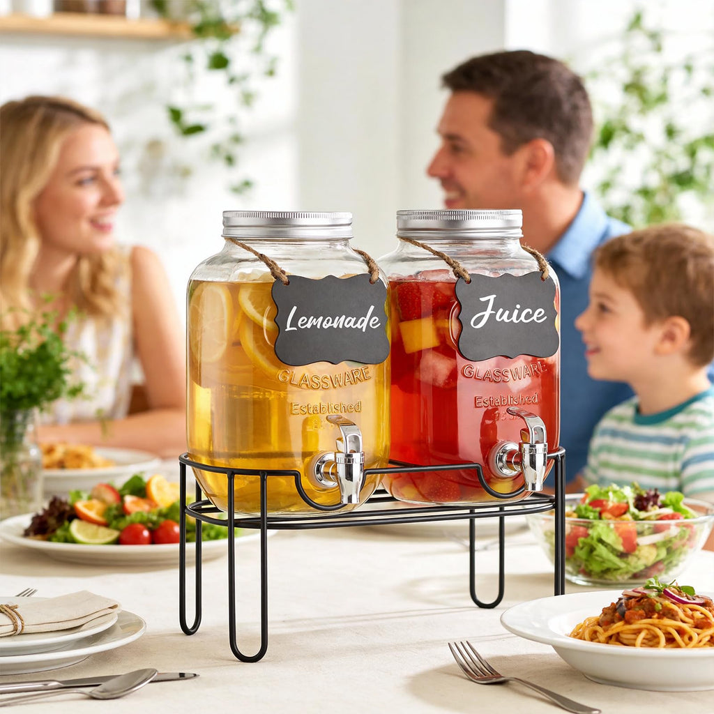 1 Gallon Glass Drink Dispenser 2 Pack with Fruit Infuser and Stand N6511