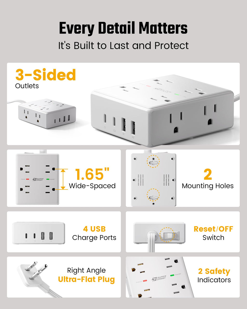 Flat Plug Surge Protector Power Strip K698
