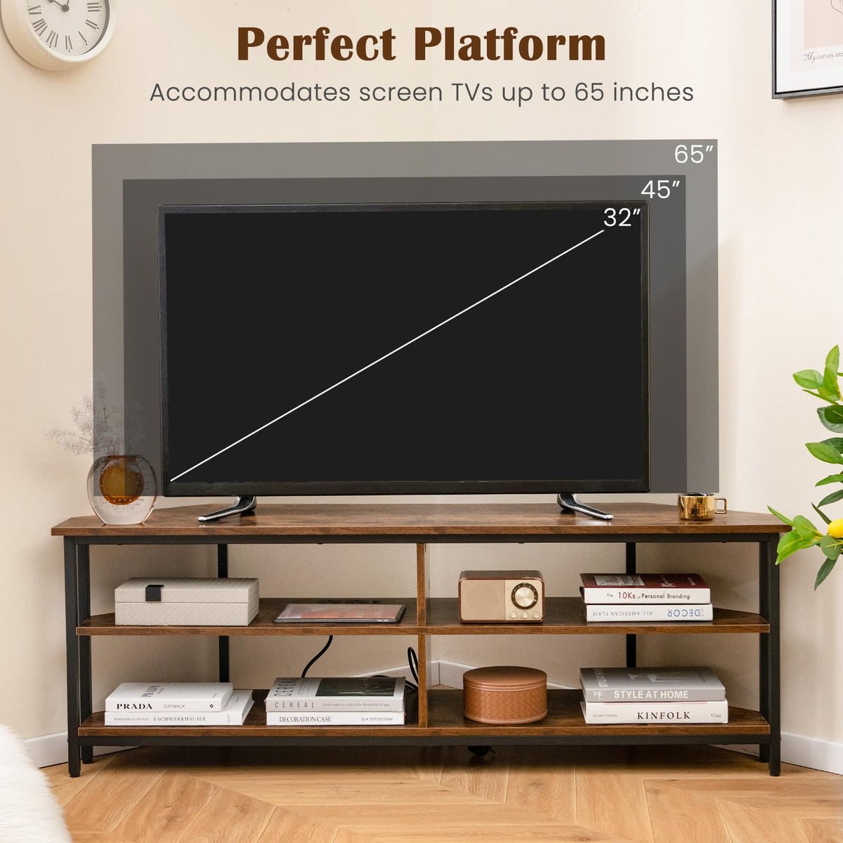 Corner TV Stand for TVs up to 65" with AC Outlets and Storage Shelves W27566