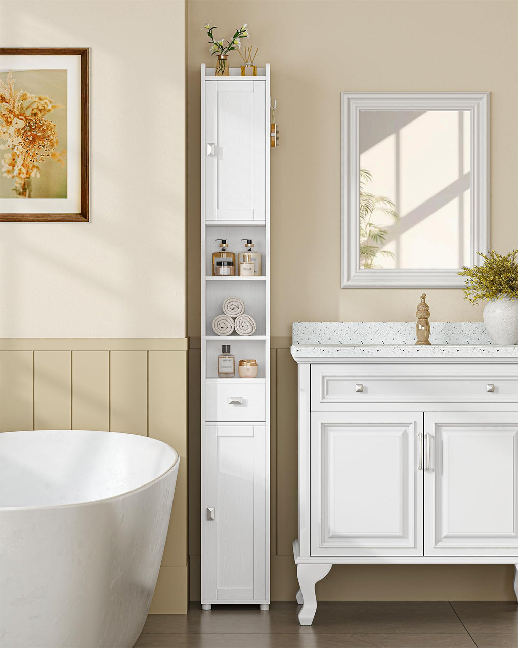 White Tall Narrow Bathroom Storage Cabinet W53116