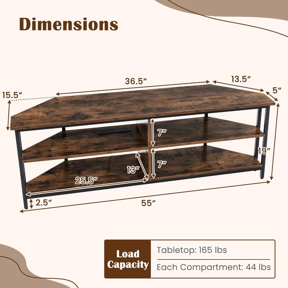 Corner TV Stand for TVs up to 65" with AC Outlets and Storage Shelves W27566