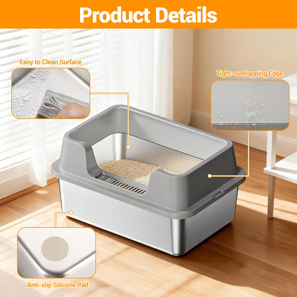 XL Stainless Steel Enclosed Cat Litter Box with Scoop J414