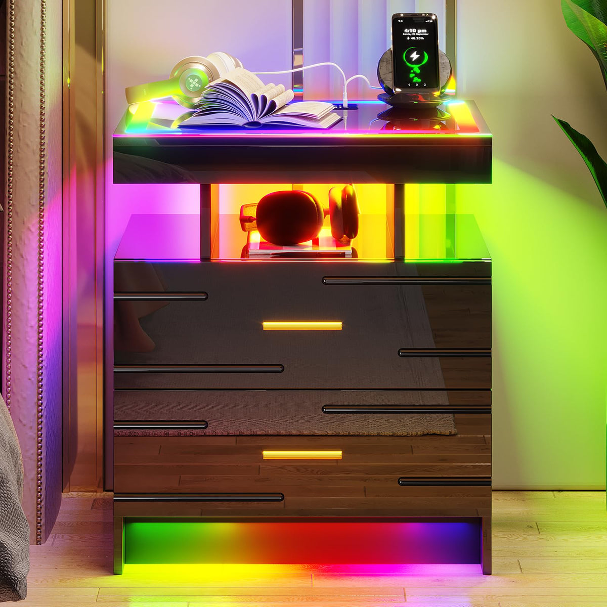 Black Smart Nightstand with Wireless Charging Station Y4285