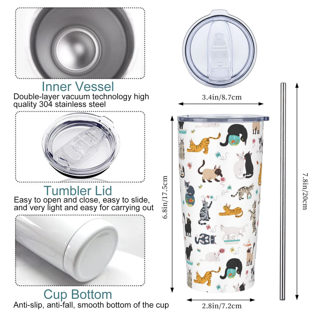 20 Oz Stainless Steel Insulated Cat Tumbler with Lid and Straw J106998