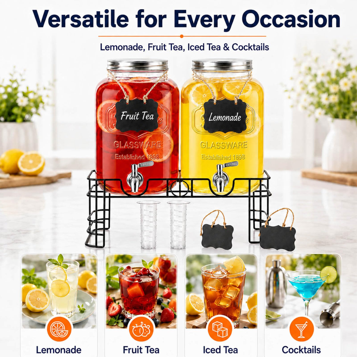 2 Gallon Glass Drink Dispensers with Stand, 2 Pack X1883