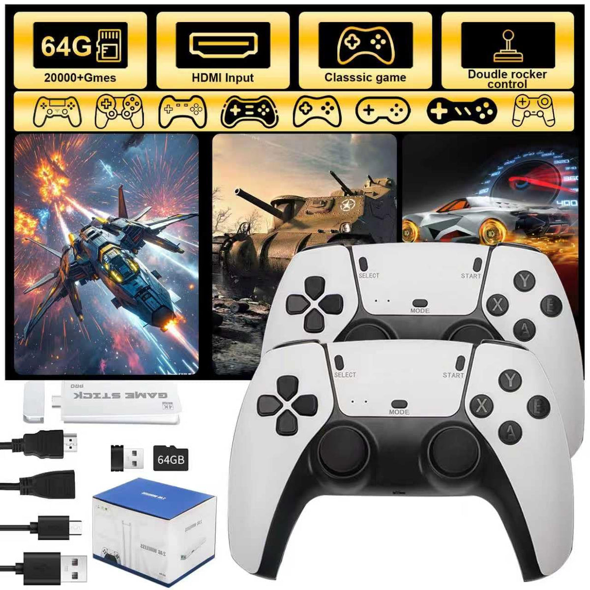4K HDMI Retro Gaming Console with 64GB TF Card and 2.4G Wireless Controllers W15892