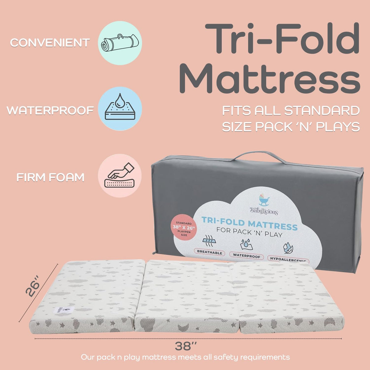 Pack and Play Mattress Topper 38" x 26" Trifold Soft Foam L63100