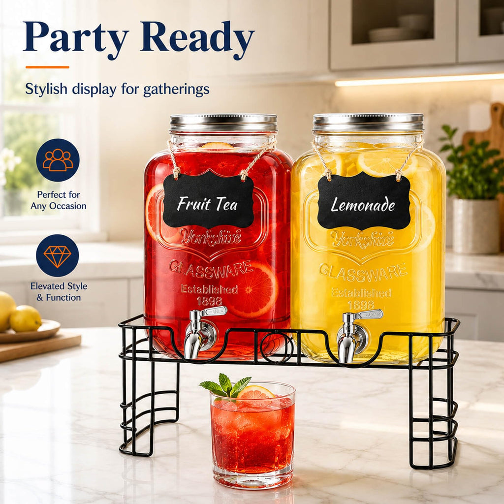 2 Gallon Glass Drink Dispensers with Stand, 2 Pack X1883