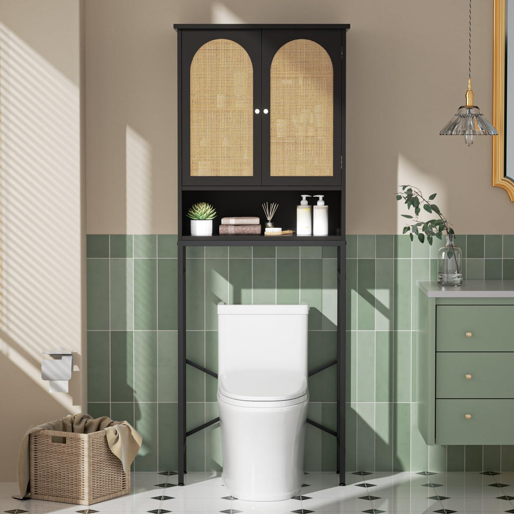 Rattan Wood Toilet Storage Cabinet with Metal Stand F952