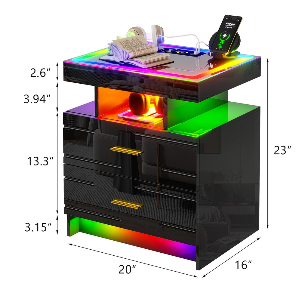 Black Smart Nightstand with Wireless Charging Station Y4285