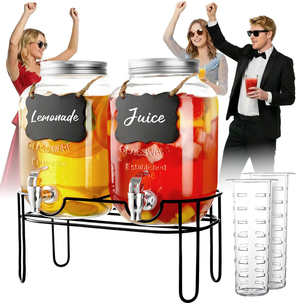 1 Gallon Glass Drink Dispenser 2 Pack with Fruit Infuser and Stand N6511