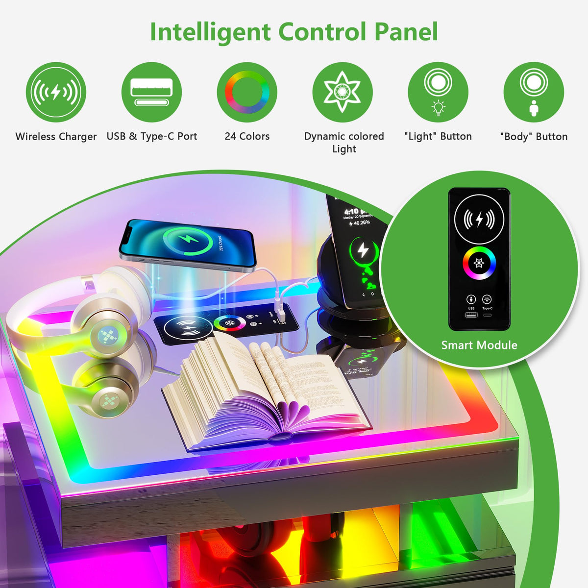 Black Smart Nightstand with Wireless Charging Station Y4285