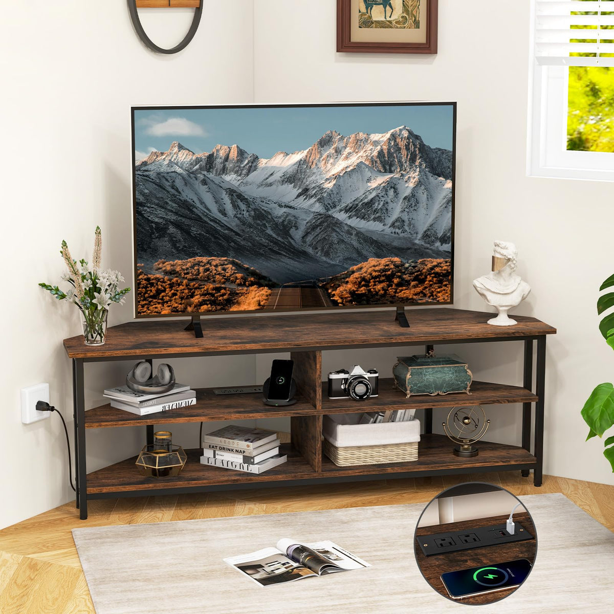 Corner TV Stand for TVs up to 65" with AC Outlets and Storage Shelves W27566