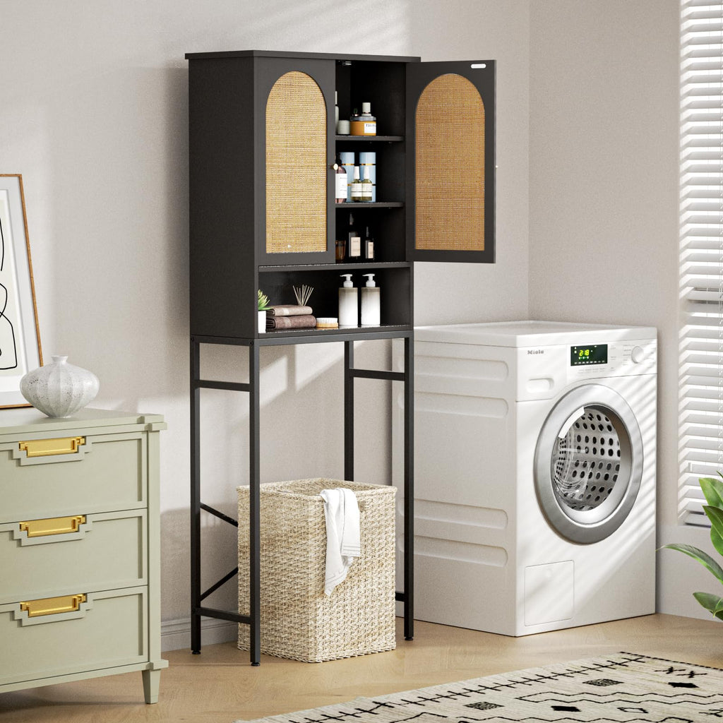 Rattan Wood Toilet Storage Cabinet with Metal Stand F952