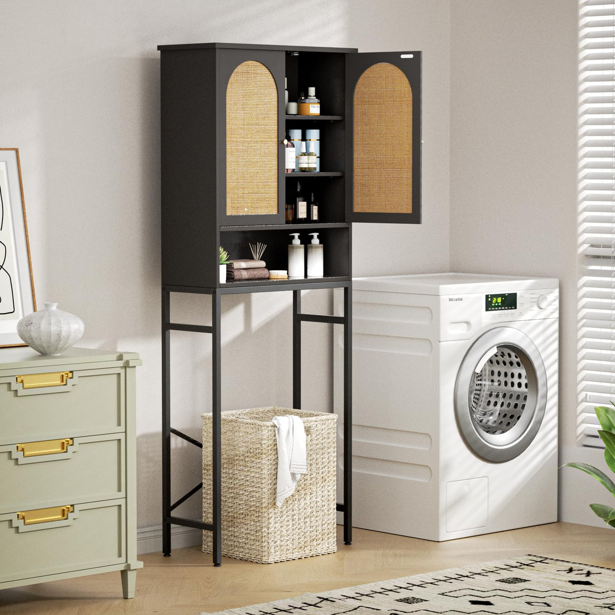 Rattan Wood Toilet Storage Cabinet with Metal Stand F952