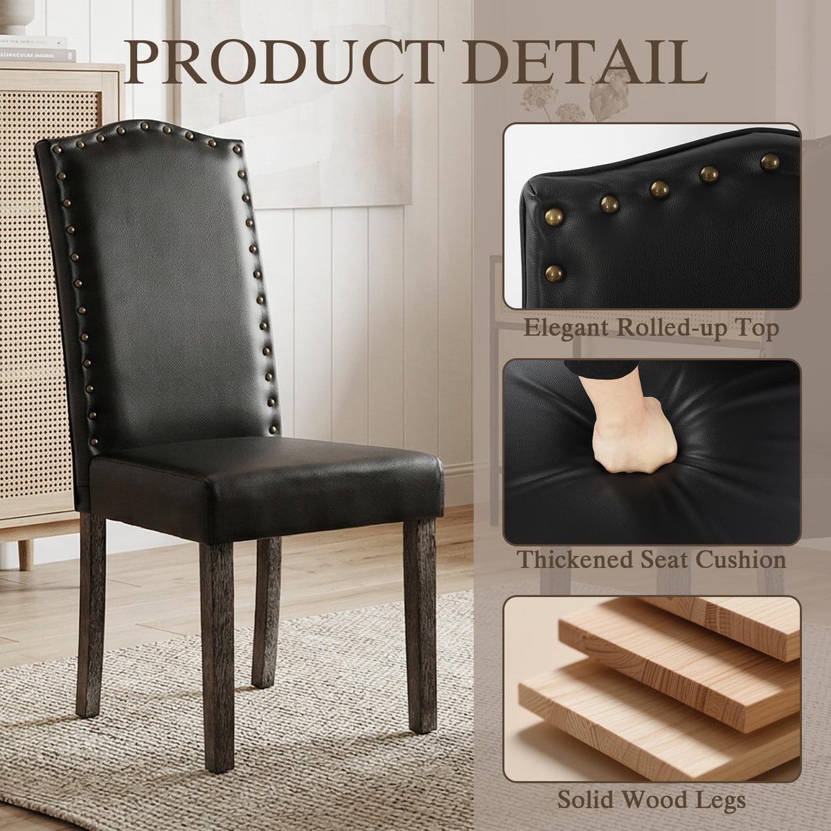PU Dining Chair Set of 2 Upholstered with Copper Nails and Solid Wood Legs R6521