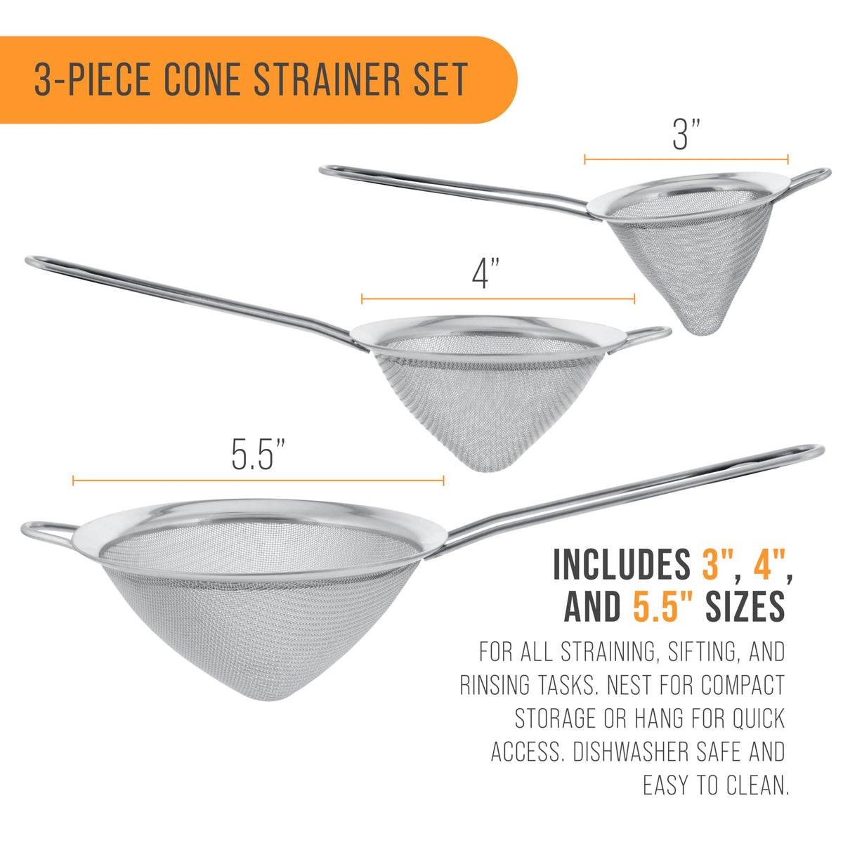 Set of 3 Stainless Steel Conical Strainers W7618
